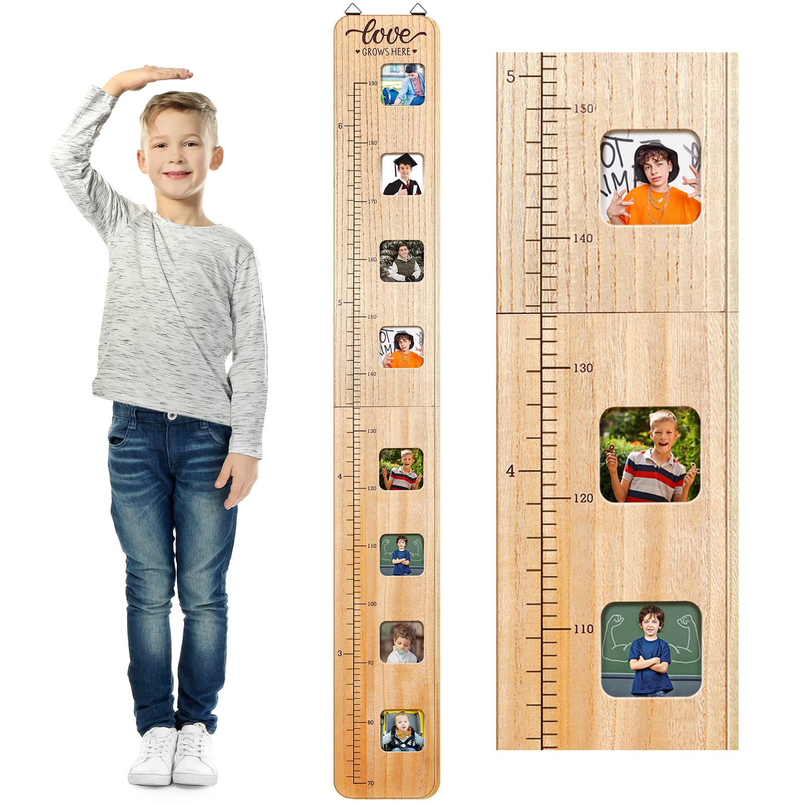 Wood Growth Chart for Kids with Picture Frames Boho Wooden Height Measurement Ruler Milestone Markers Foldable Height Chart for 
