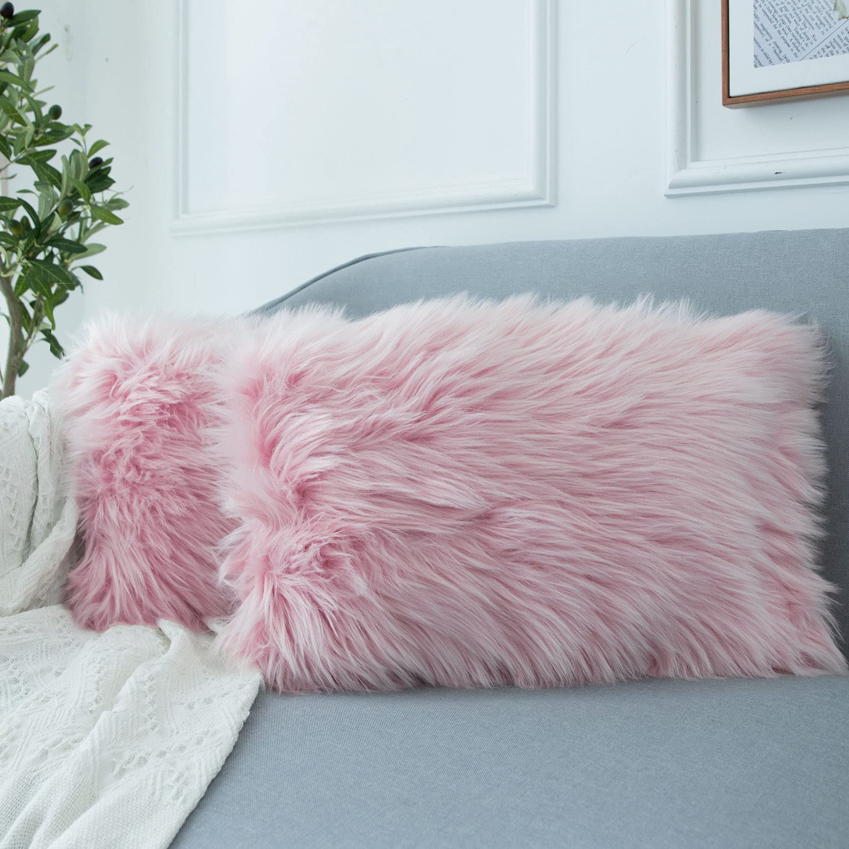 Ligicky Set Of 2 Decorative Pink Lumbar Fluffy Throw Pillow Cover Faux Fur Shams Pillow Case Luxury Series Rectangle Soft Plush