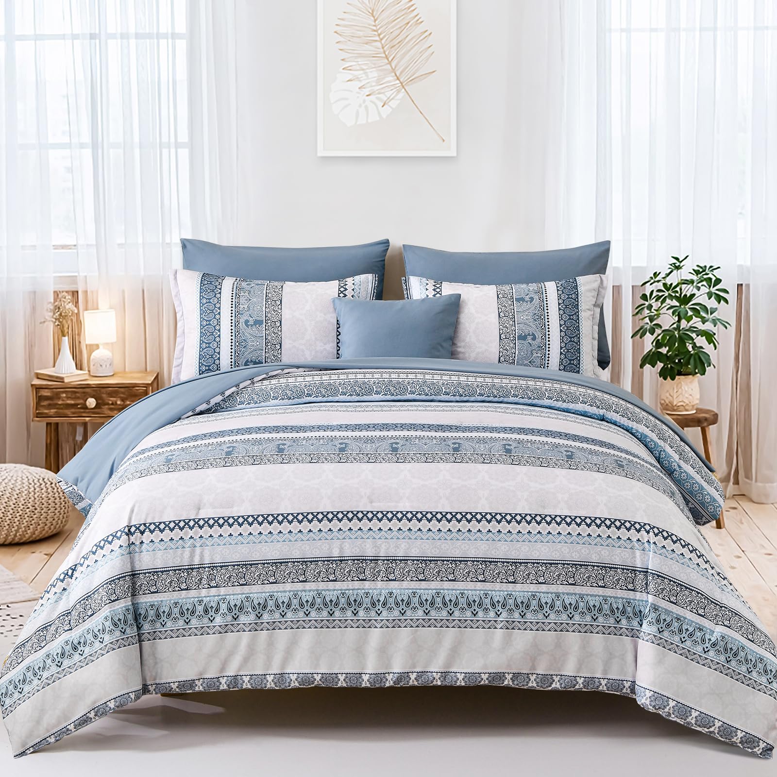 Boho Comforter Set Queen Size Light Blue Comforter Set 8 Piece Bed In A Bag Paisley Floral Bedding Sets All Season