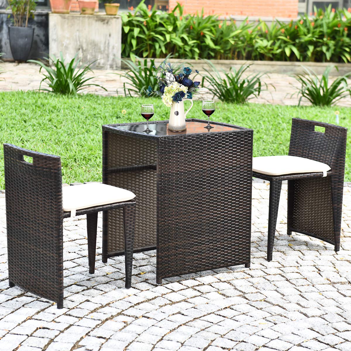 Tangkula 3 Piece Outdoor Rattan Dining Set, No Assembly Patio Bistro Set With Tempered Glass Table, Space Saving Patio Wicker Cushioned Chair Furniture Set For Courtyard, Balcony, Garden (Brown)
