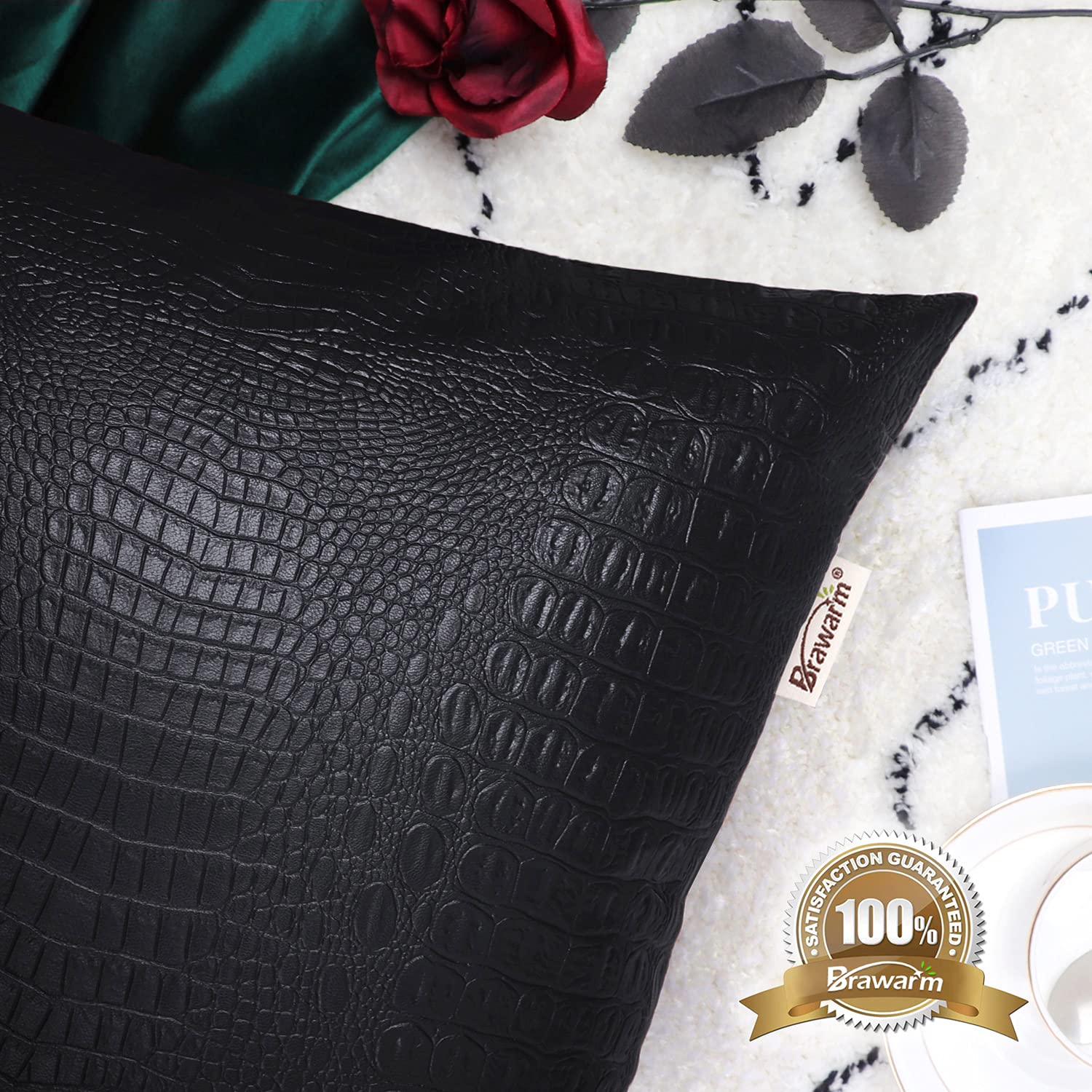 Brawarm Faux Leather Pillow Covers 16 X 16 Inches, Black Leather Pillow Covers Pack Of 2, Crocodile Leather Decorative Throw Pil