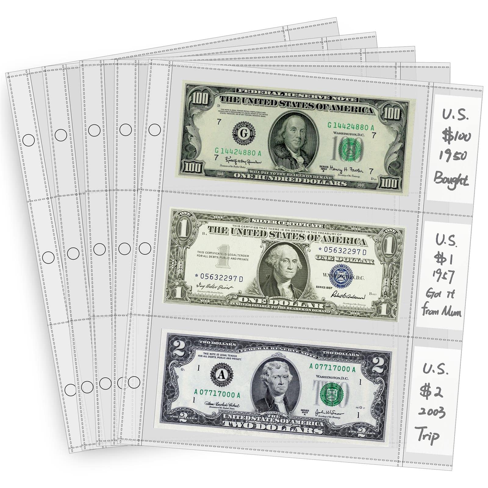 Currency Sleeves With Label Pockets, 50 Pcs Banknote Sleeves, 3-Pocket Page Protector For 3 Ring Binder 8.5 X 11, Currency Holde
