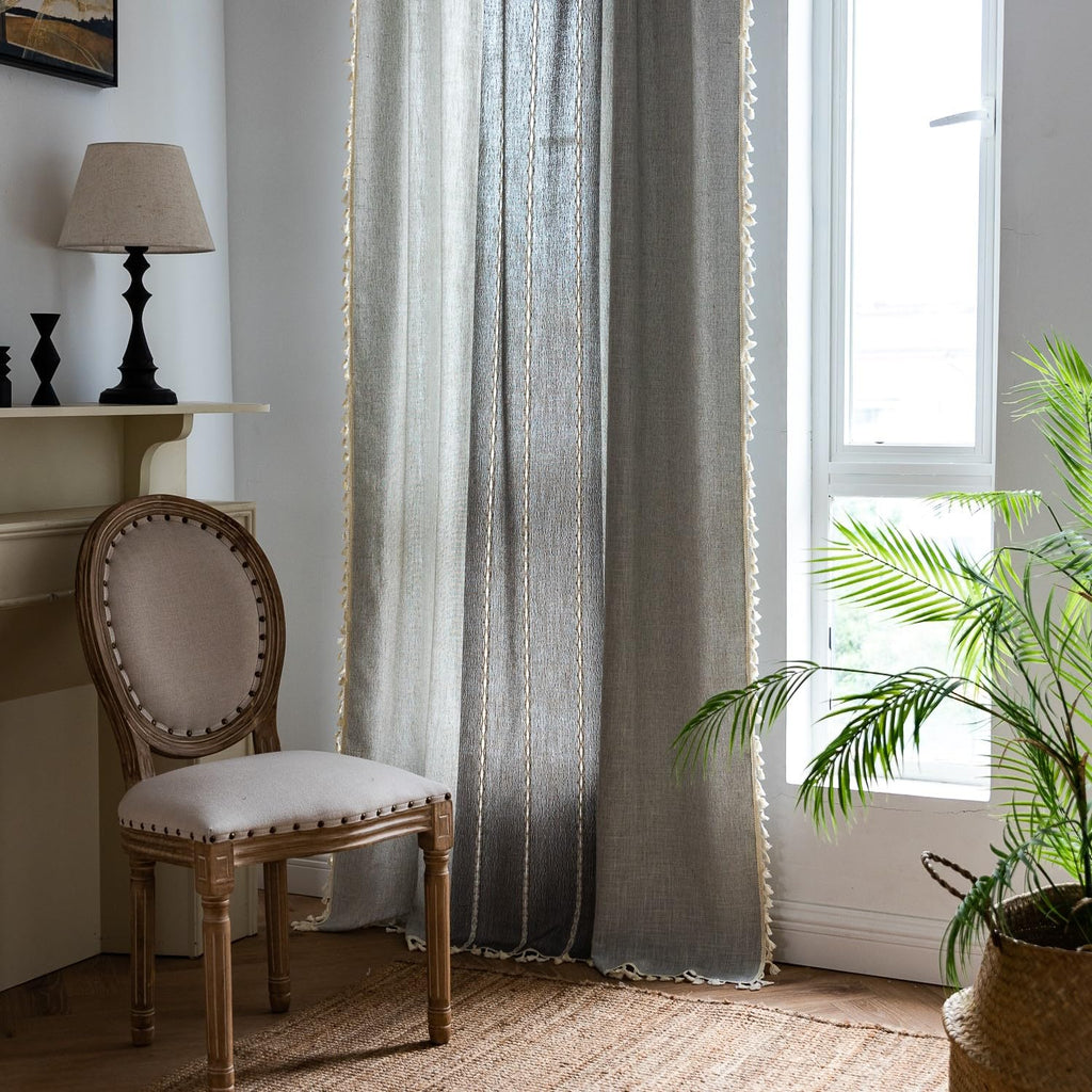 Sutuo Home Boho Curtains 72 Inch Long For Bedroom Living Room, Semi Blackout Linen Farmhouse Chic Tassels Window Treatment Bohemian Embroidery Drape, Rod Pocket 1 Panel 52' W X 72' L, Gray Linen