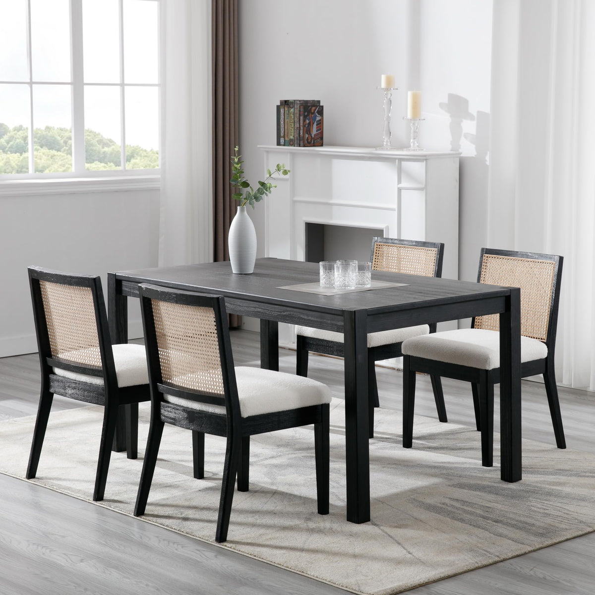 Bestano Farmhouse Rattan Dining Chairs Set Of 4 Black Wood Dining Room Chairs Rectangle Cane Country Kitchen Chairs Upholstered