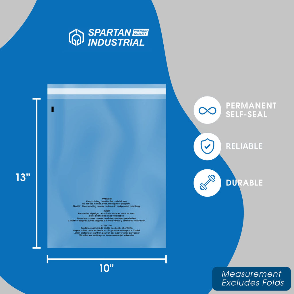 Spartan Industrial - 9' X 12' (1000 Count) Self Seal Clear Poly Bags With Suffocation Warning For Packaging, T Shirts - Perman