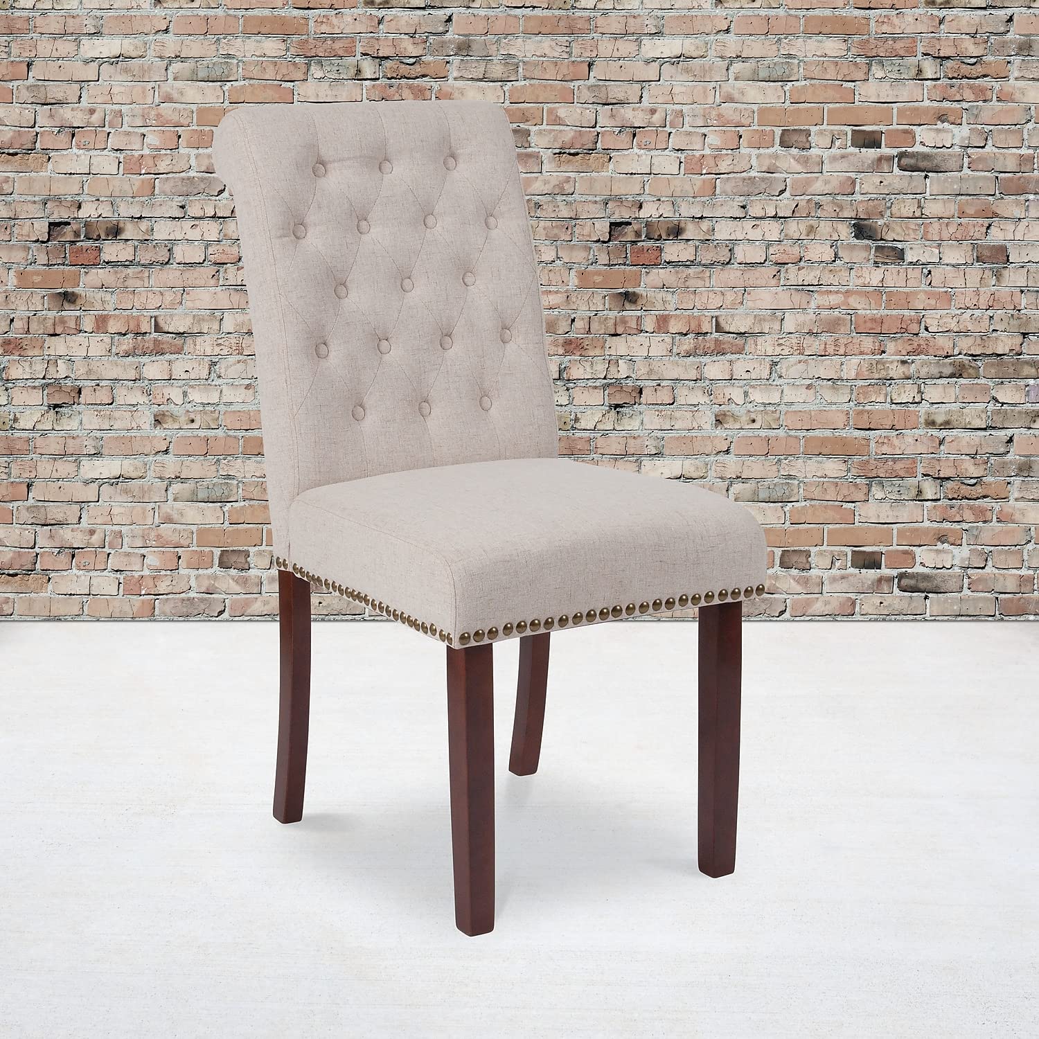 Flash Furniture Hercules Series Beige Fabric Parsons Chair With Rolled Back, Accent Nail Trim And Walnut Finish