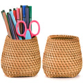 Hacaroa Set Of 2 Rattan Pencil Holder For Desk, Handmade Wicker Pen Cup Container Woven Makeup Brush Holder, Vine Desk Organizer