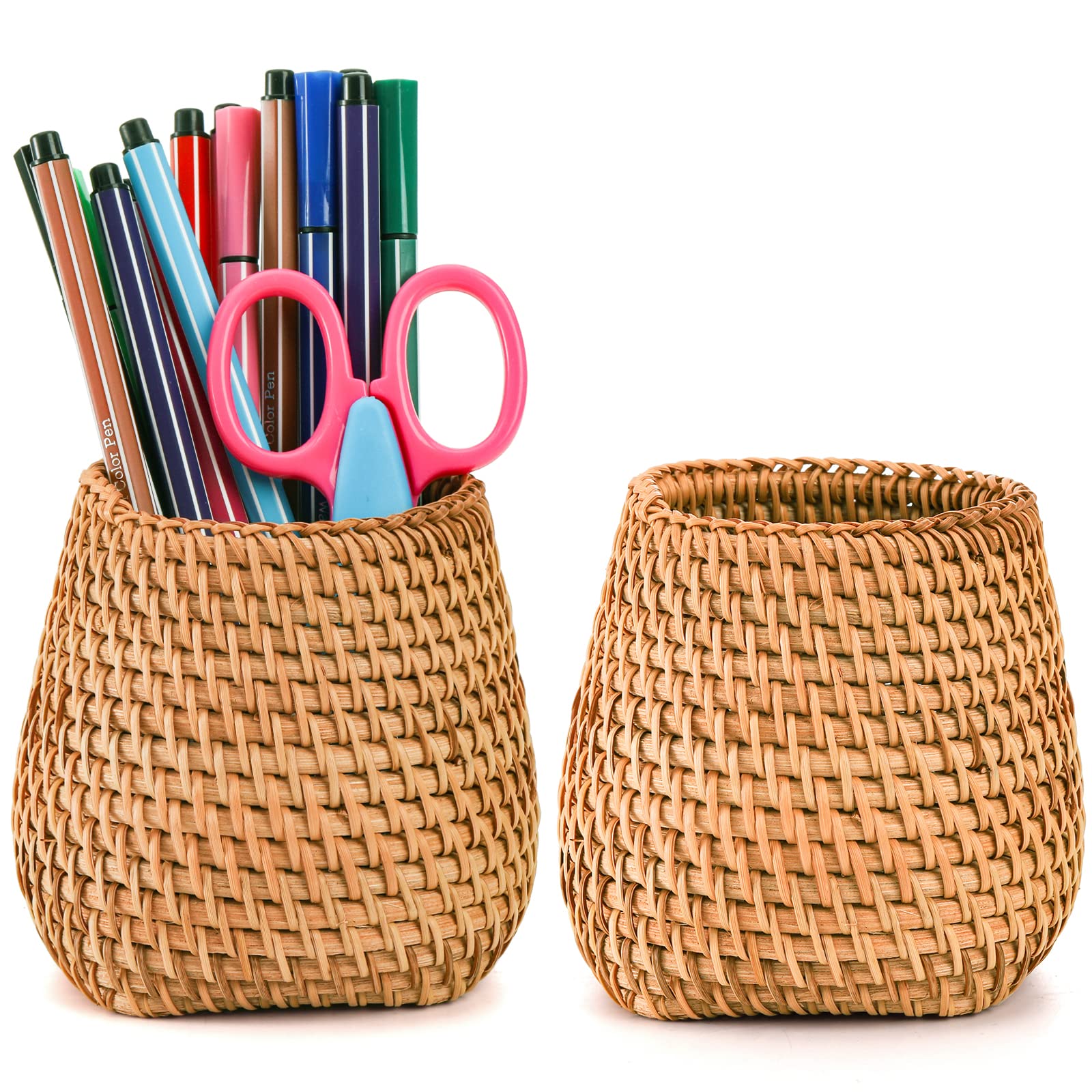 Hacaroa Set Of 2 Rattan Pencil Holder For Desk, Handmade Wicker Pen Cup Container Woven Makeup Brush Holder, Vine Desk Organizer
