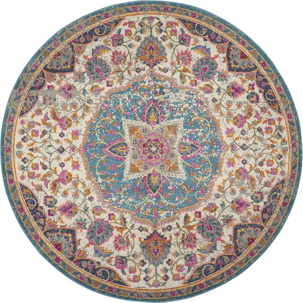 HomeRoots Ivory/Multi 100% Polypropylene 8’ Round Pink and Blue Floral Medallion Area Rug