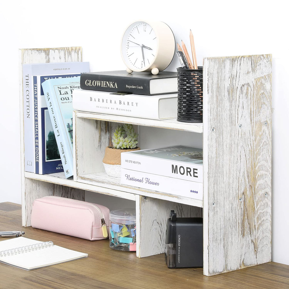 Mygift Adjustable Whitewashed Solid Wood Desktop Storage Organizer Display Shelf Book Rack, Office Desk Bookshelf