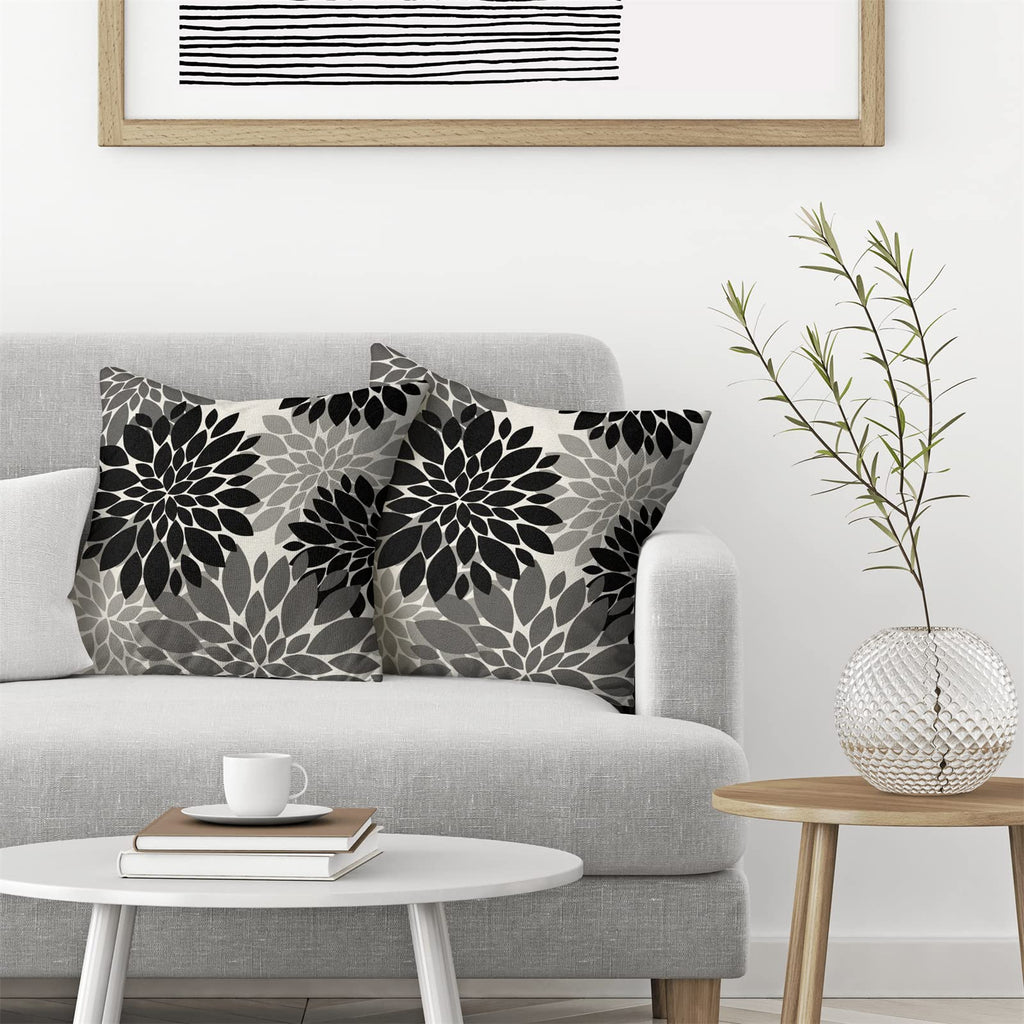 Cxmeifly Black Grey Gray Pillow Covers 16X16 Inch Set Of 2 Dahlia Floral Decor Throw Pillows Summer Modern Geometry Flower Outdo
