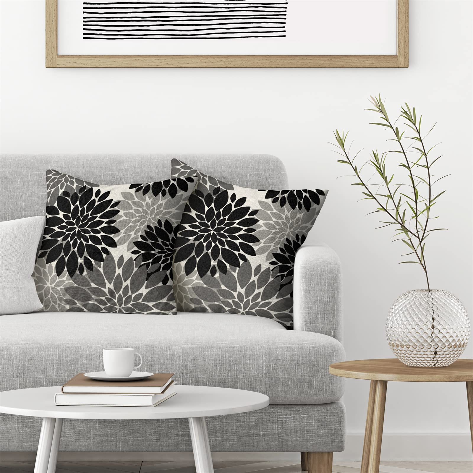 Cxmeifly Black Grey Gray Pillow Covers 20X20 Inch Set Of 2 Dahlia Floral Decor Throw Pillows Summer Modern Geometry Flower Outdo