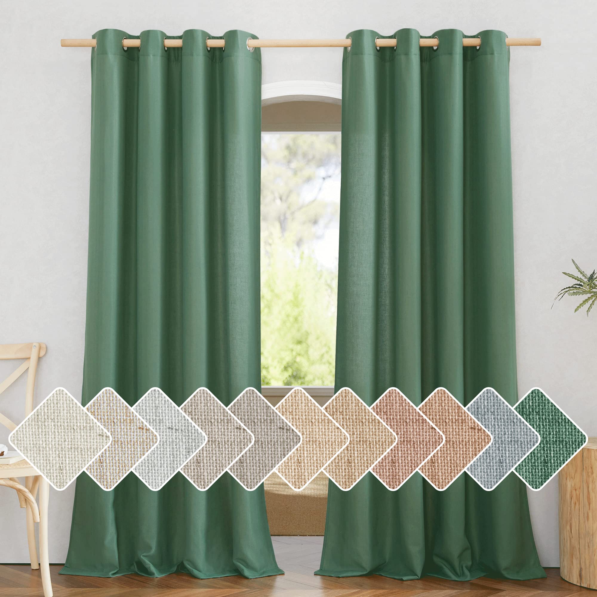 Nicetown Olive Green Curtains 84 Inch Length 2 Panels, Grommet Linen Blend Privacy Added Thick Flax Boho-Chic Light Filtering Semi Sheer Window Drapes For Home Office/Living Room, W55 X L84