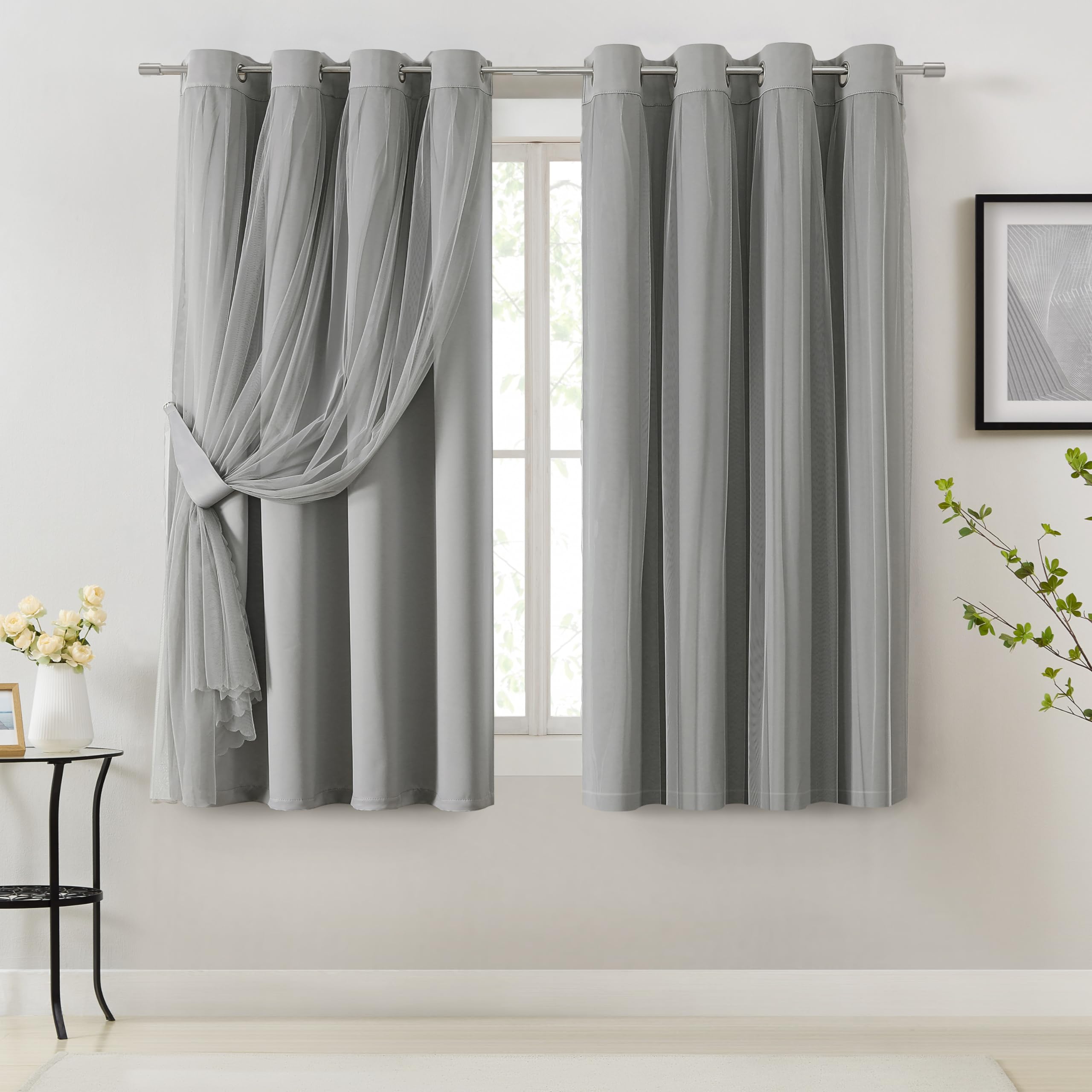 Bujasso Beige 80% Blackout Curtains with Sheer Overlay Mix and Match Double Layer Thermal Insulated Window Panels 63 inch for Li