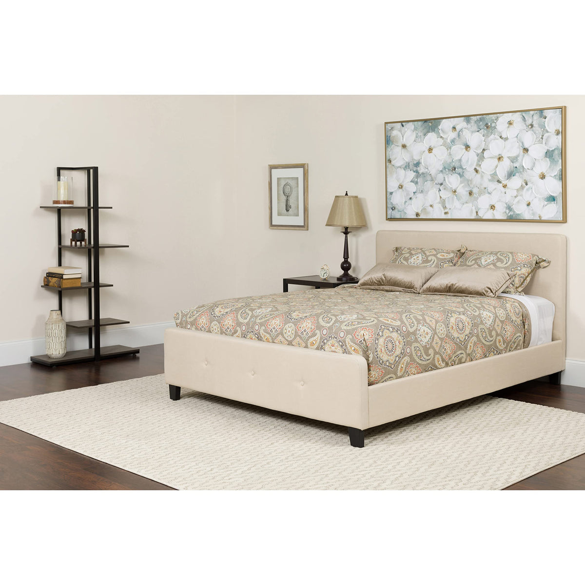 Flash Furniture Tribeca King Size Tufted Upholstered Platform Bed in Beige Fabric with Pocket Spring Mattress