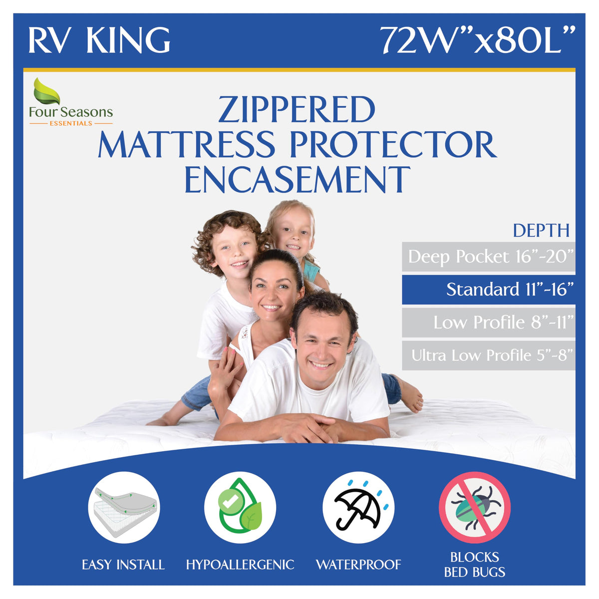 Rv King Zippered Mattress Protector (72' Wx80 L) - Waterproof Encasement Premium Hypoallergenic Bed Cover Protects Against Dust