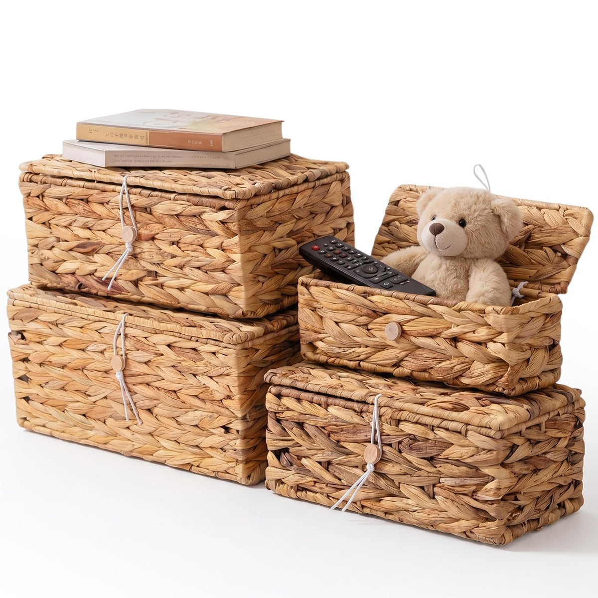 BreezeHug Set of 4 Wicker Storage Baskets with Lid Large Water Hyacinth Rectangular Rattan Basket Decorative Boxes for Shelf Hom