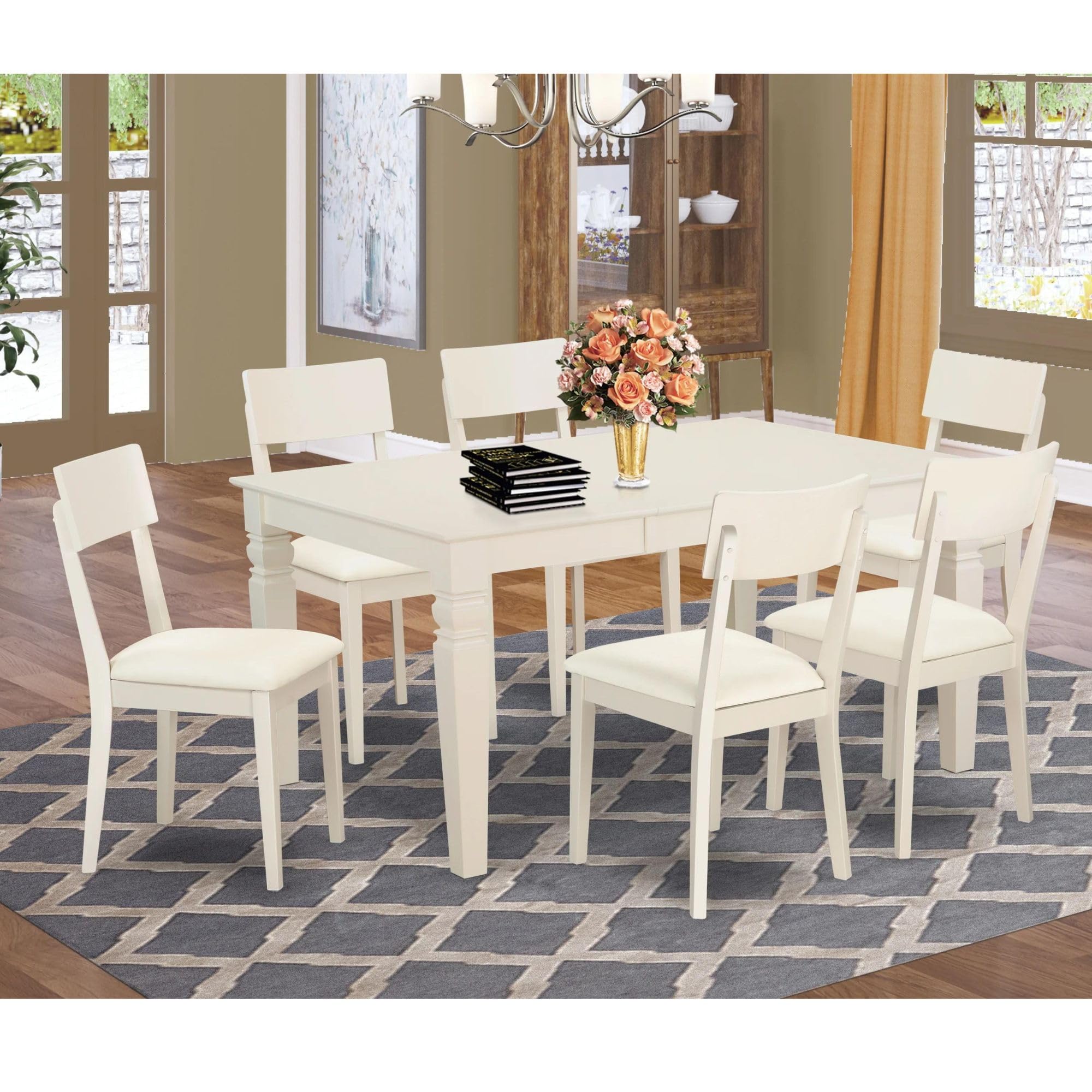 East West Furniture WEAD7-LWH-LC 7 Piece Dining Set Consist of a Rectangle Dining Room Table with Butterfly Leaf and 6 Faux Leather Upholstered Chairs, 42x60 Inch, Linen White