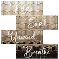 Huwena 4 Pcs Brown Bathroom Wall Decorations Modern Gradient Wood Wall Art Beige Bathroom Sign Relax Soak Unwind Breathe Geometr