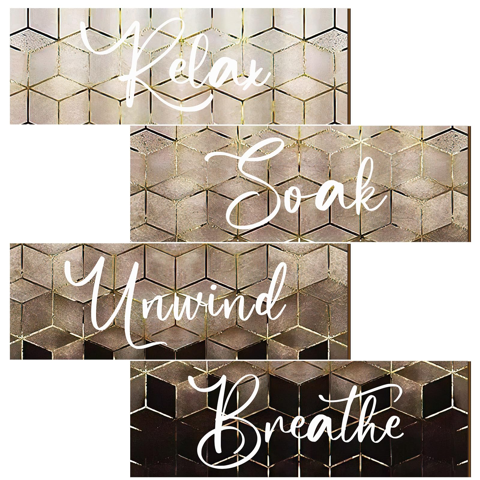 Huwena 4 Pcs Brown Bathroom Wall Decorations Modern Gradient Wood Wall Art Beige Bathroom Sign Relax Soak Unwind Breathe Geometr