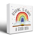 KGHYT Reading Is Always a Good Idea Rainbow Desk Decor,Back To School, Wooden Plaque Sign Box Sign for Reading Room Classroom Ho