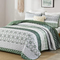 WONGS BEDDING Green Quilt Set Queen Size,Boho Striped Patchwork Summer Bedspread Set,3 Pieces Microfiber Bedding Set for All Sea