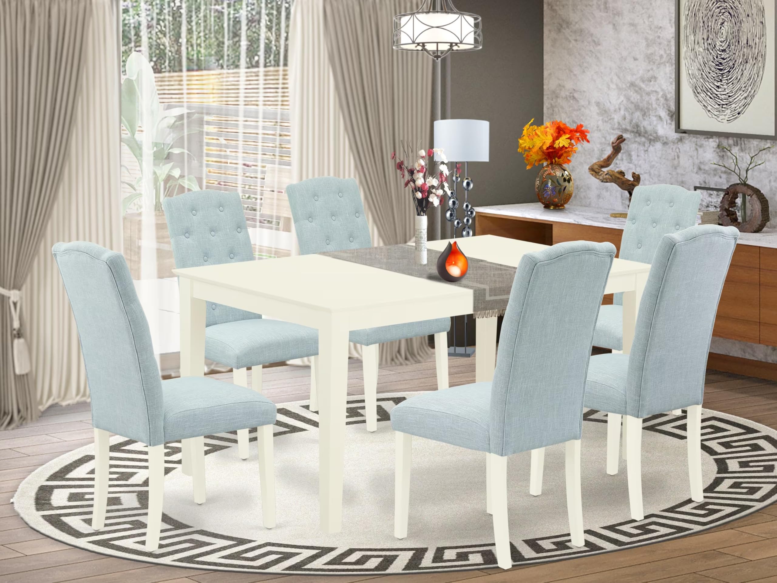 East West Furniture Cace7-Lwh-15 7 Piece Kitchen Table & Chairs Set Consist Of A Rectangle Dining Room Table And 6 Baby Blue Linen Fabric Parsons Dining Room Chairs, 36X60 Inch, Linen White