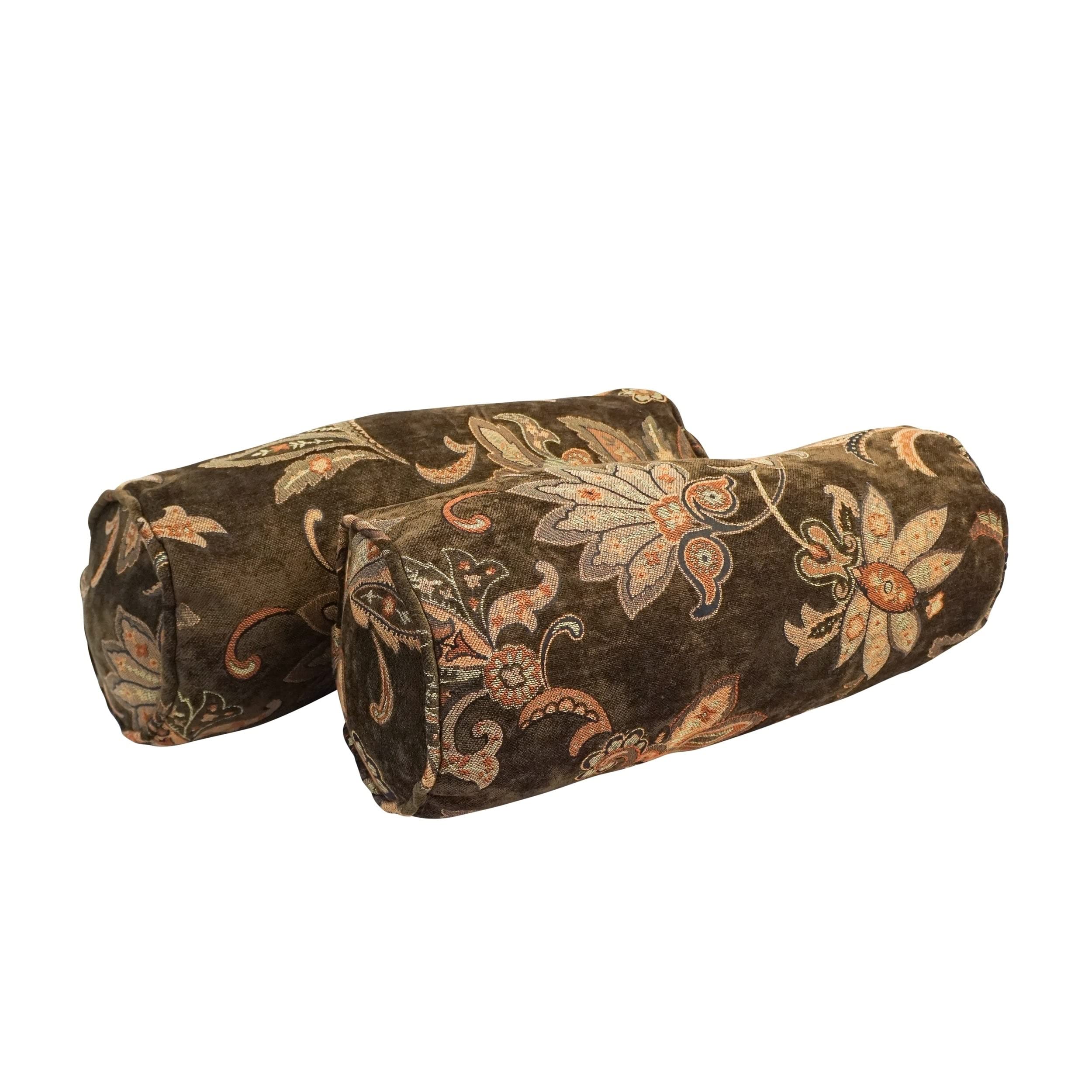Blazing Needles Corded Jacquard Chenille Bolster Pillow, 20&quot; x 8&quot;, Brown Floral 2 Count