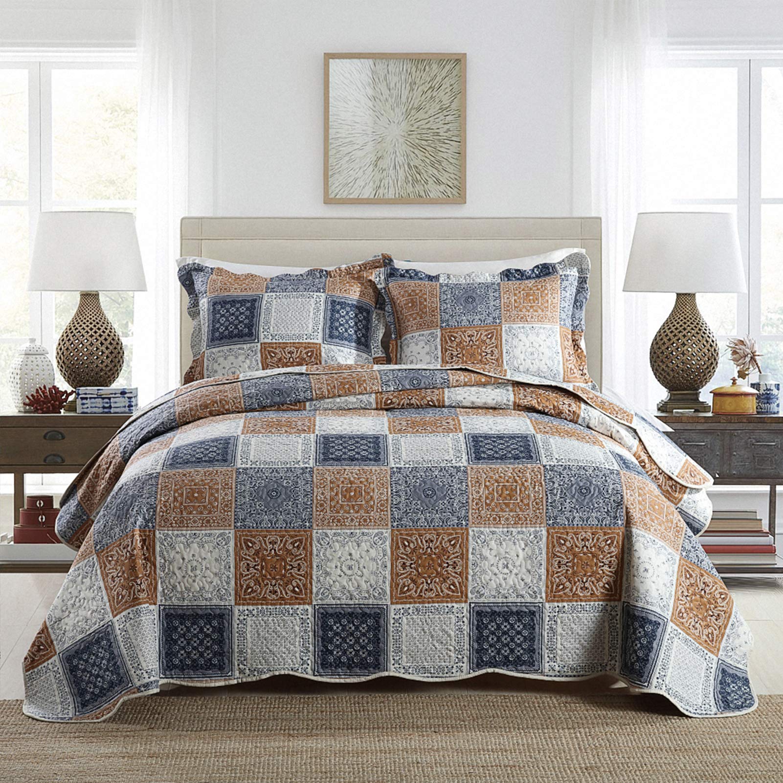 Newlake Quilt Bedspread Sets-Color Block Pattern Reversible Coverlet Set,King Size