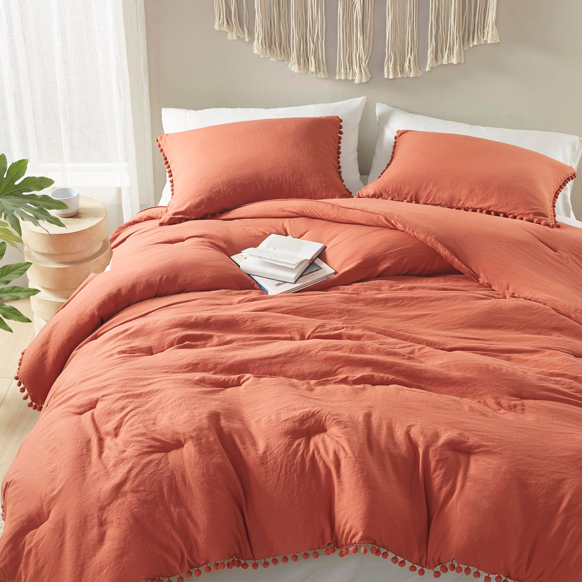Codi Terracotta Boho King Bedding Set, Aesthetic Luxurious Pom Fringe Burnt Orange Comforter, Cute Soft Washed Microfiber Bed Se