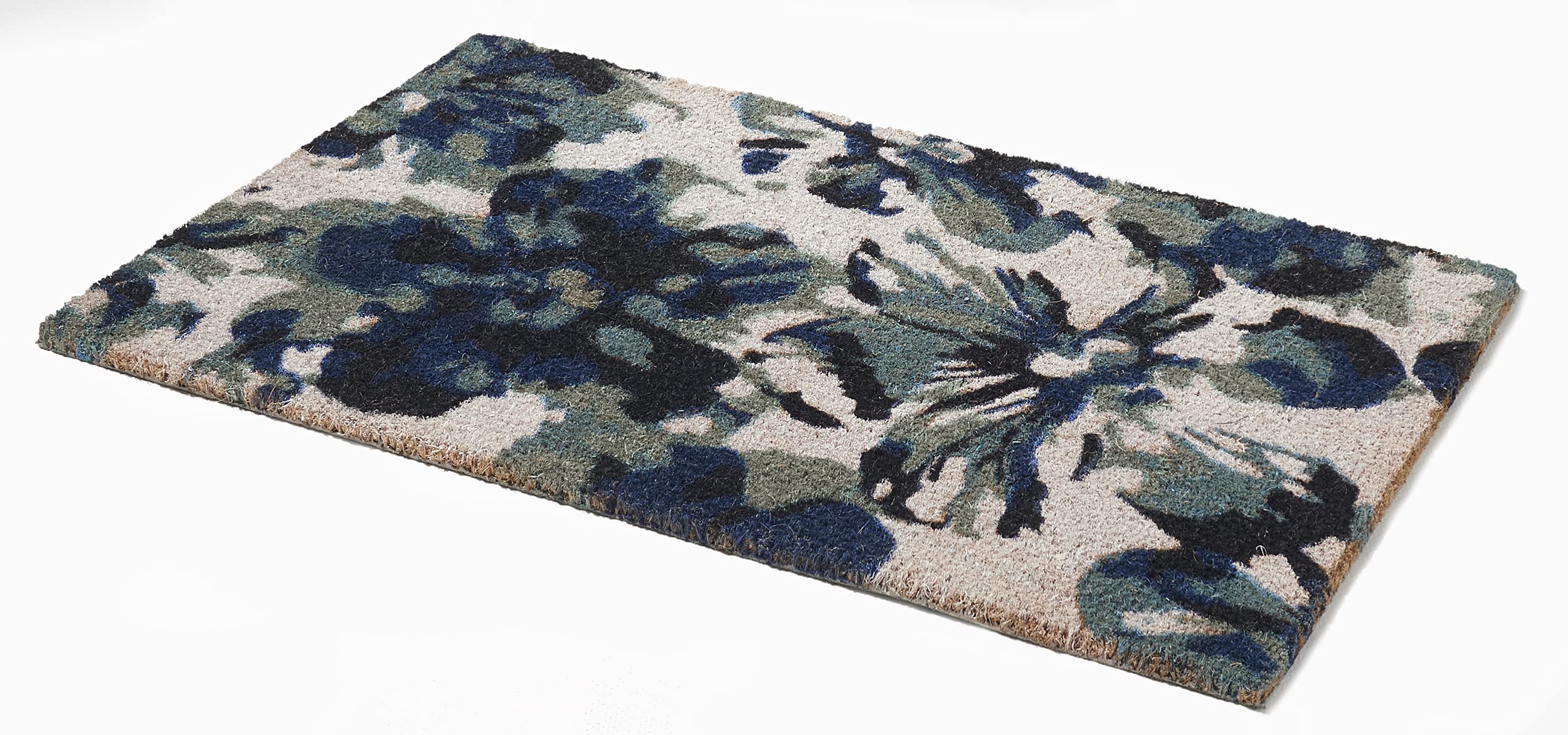 Fab Habitat Non Slip Doormat - Durable, Thin - Natural Coir & Rubber - Entryway, Front Door, Porch, Patio - Blue Floral Blue/Whi