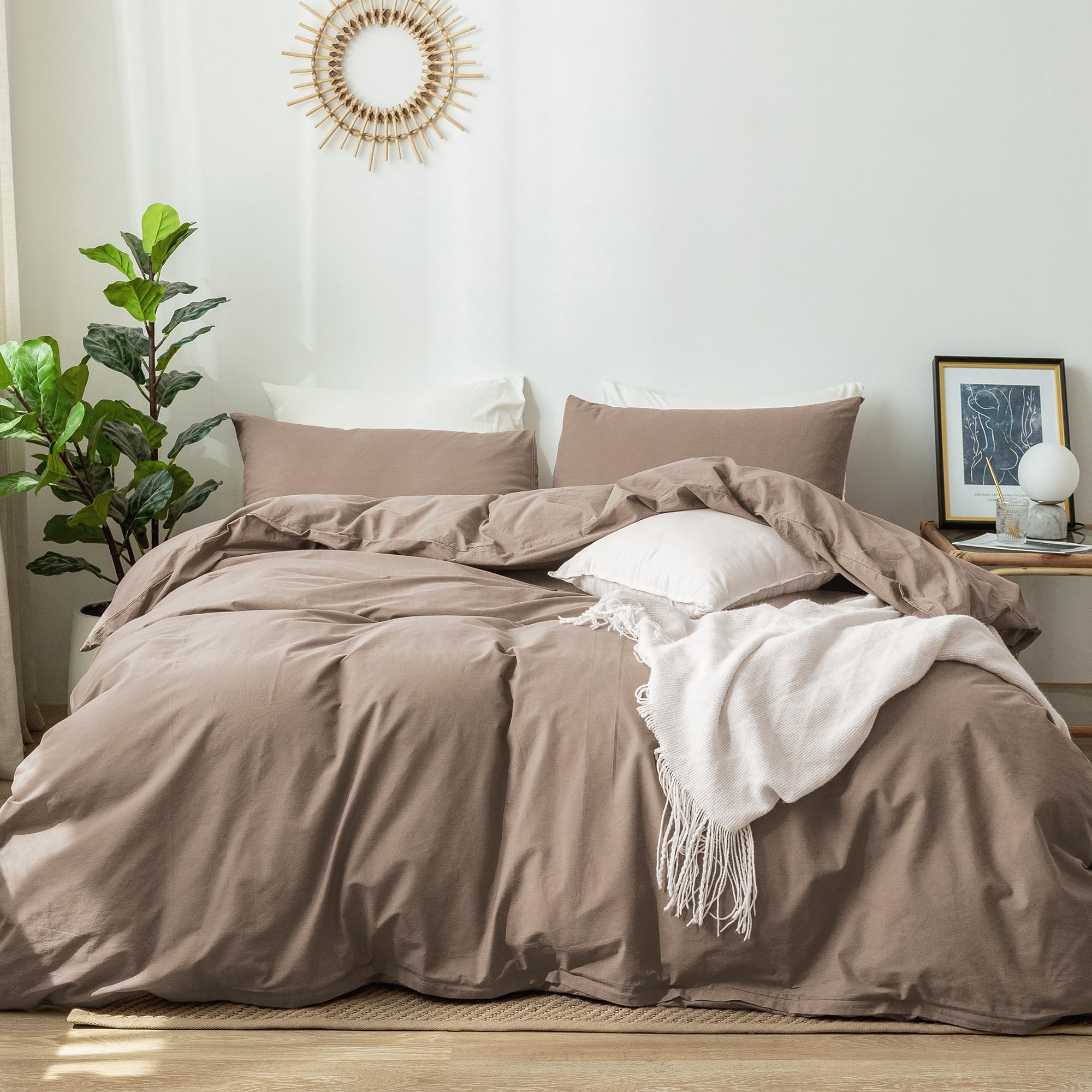 Moomee Bedding Duvet Cover Set 100% Washed Cotton Linen Like Textured Breathable Durable Soft Comfy (Brown, Queen)