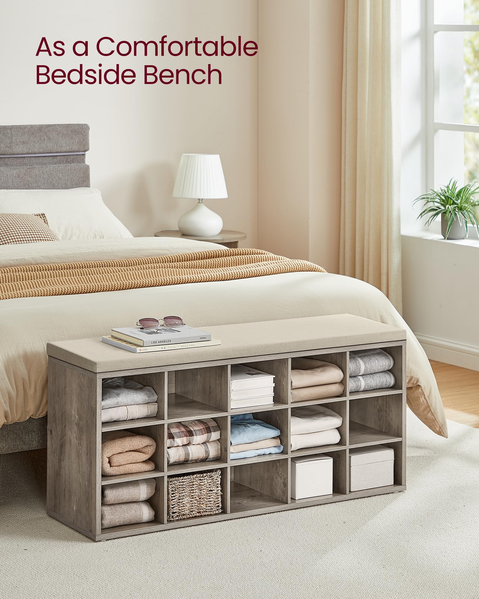 Vasagle Shoe Bench With Cushion, Storage Bench With Padded Seat, Entryway Bench With 15 Compartments, For Bedroom, 11.8 X 41.3 X 18.9 Inches, Heather Greige And Cappuccino Beige Ulhs015K01