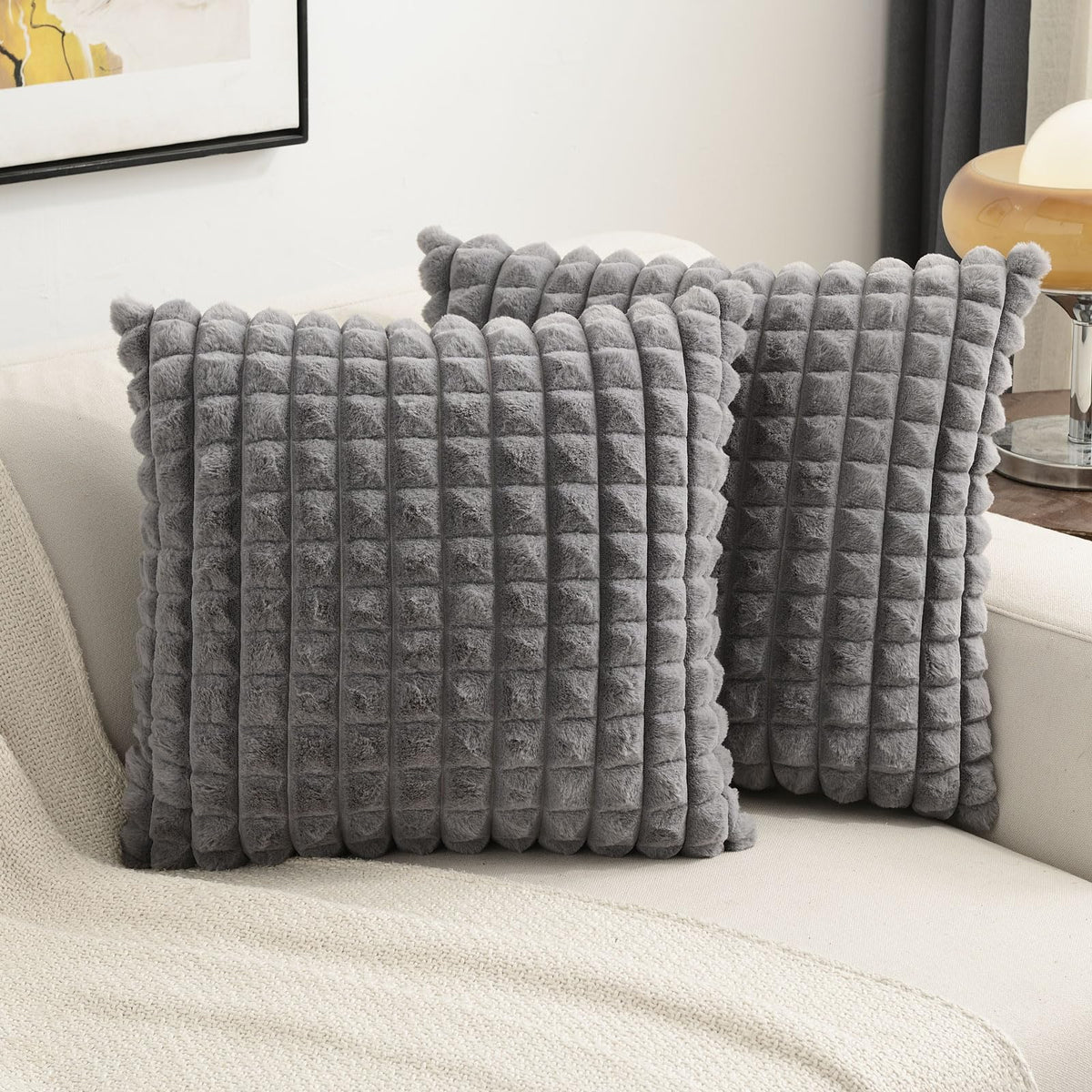 Futei Grey Decorative Throw Pillow Covers 20X20 Inch Set Of 2,Square Gray Checked Cushion Case,Fluffy Faux Rabbit Fur Plaid & So