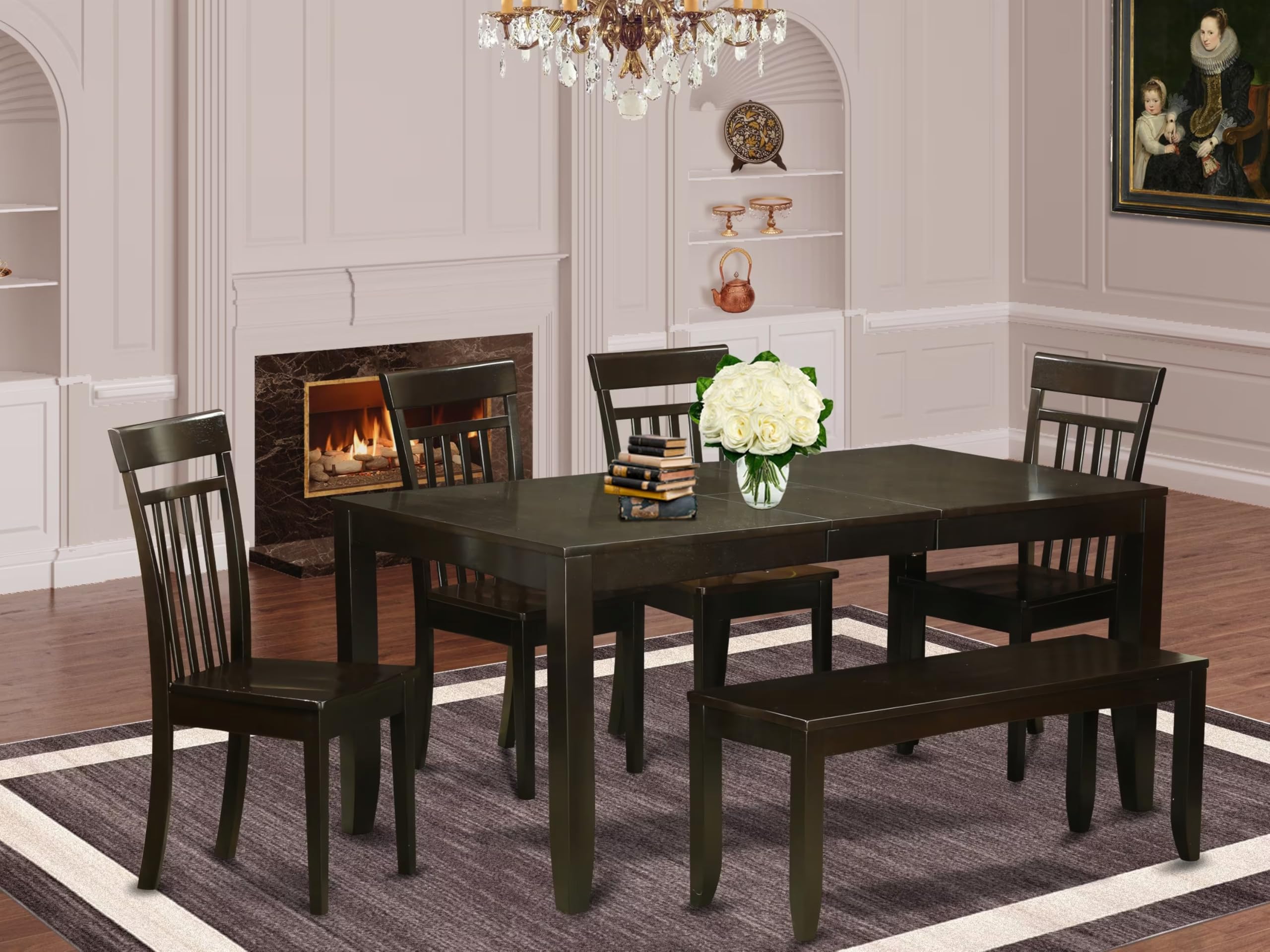 East West Furniture LYCA6-CAP-W Lynfield 6 Piece Modern Set Contains a Rectangle Wooden Table with Butterfly Leaf and 4 Dining Chairs with a Bench, 36x66 Inch, Cappuccino
