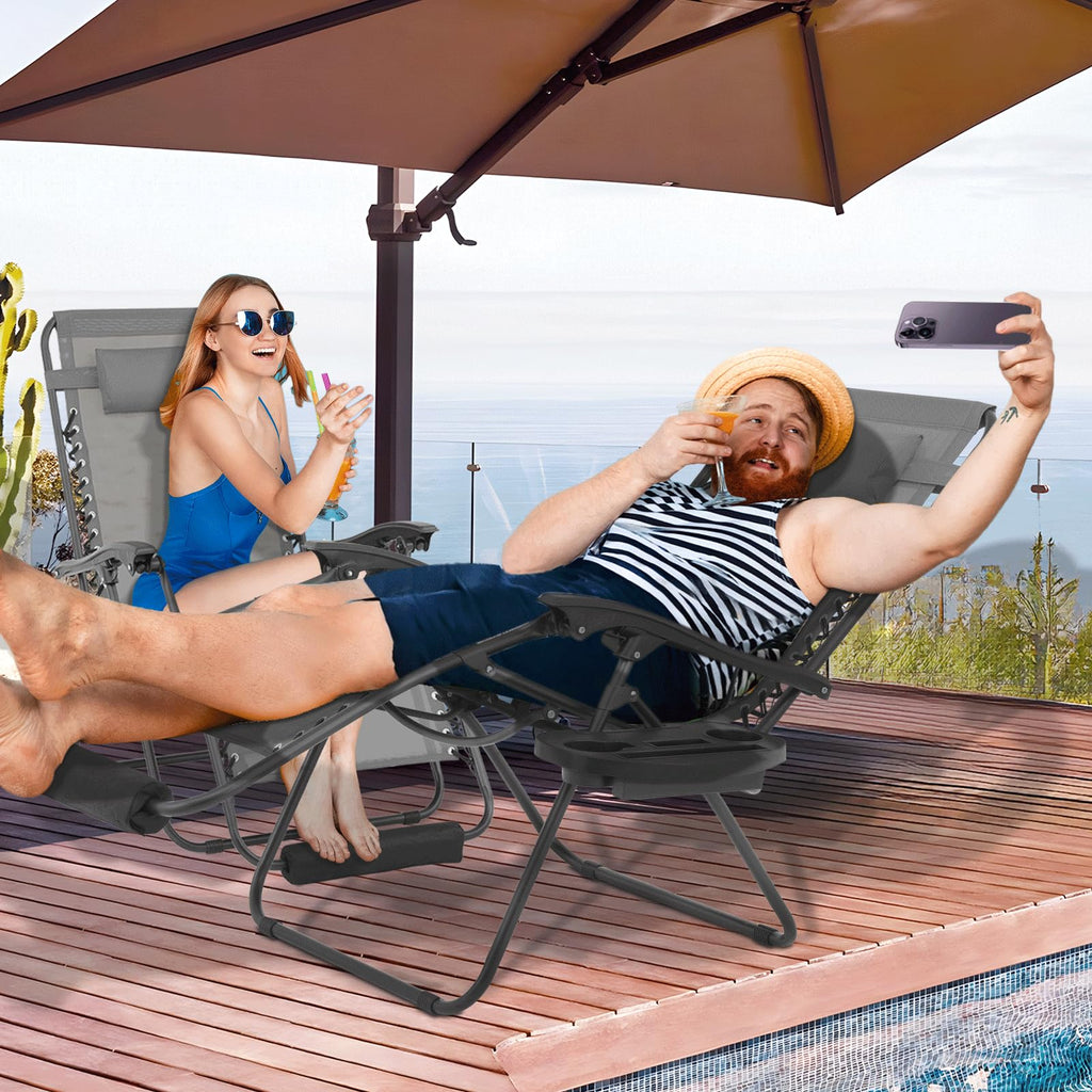 Monibloom 29-Inch Oversized Zero Gravity Chairs Set Of 2, Patio Anti Gravity Recliner, Xl Foldable Outdoor Lounger With Cup Holder Tray, Headrest And Footrest For Beach Camping, Grey
