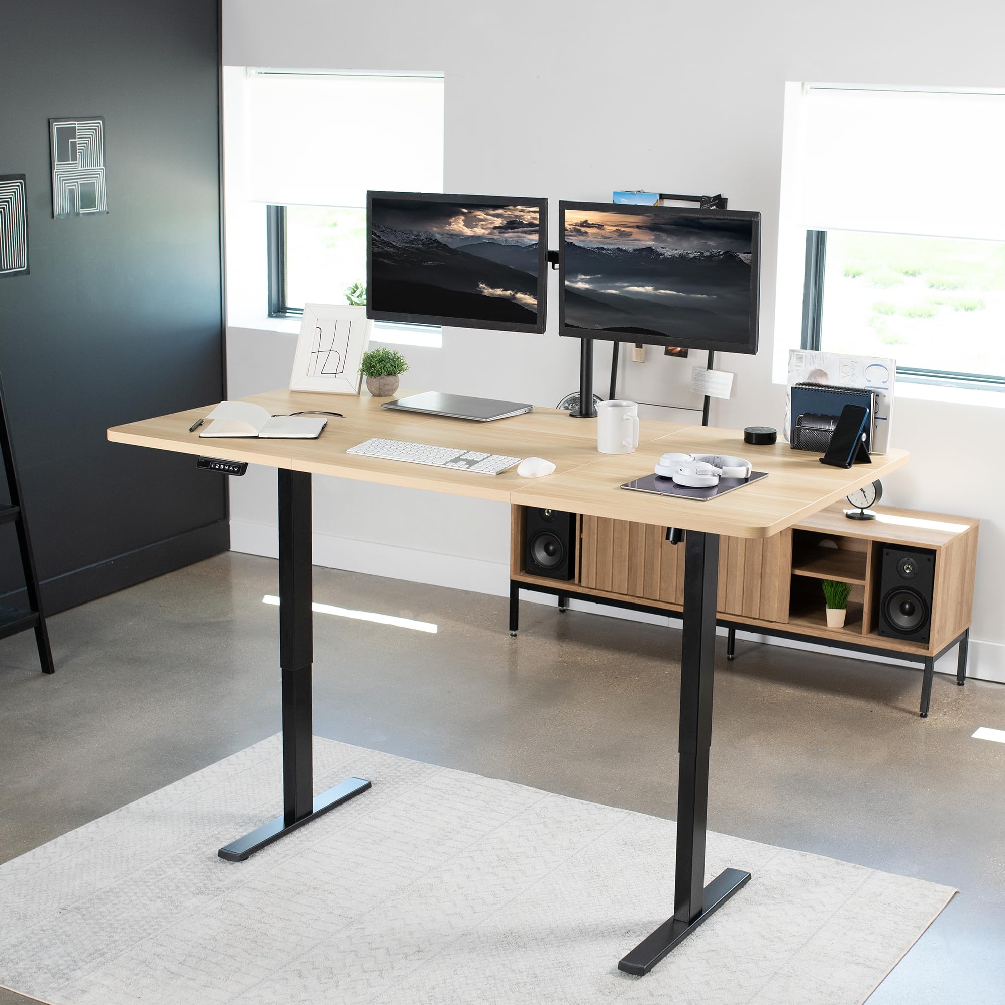Vivo Electric Height Adjustable 71 X 36 Inch Memory Stand Up Desk, Extra Deep Light Wood Table Top, Black Frame, Standing Workstation With Preset Controller, 1B Series, Desk-Kit-1B7C-36