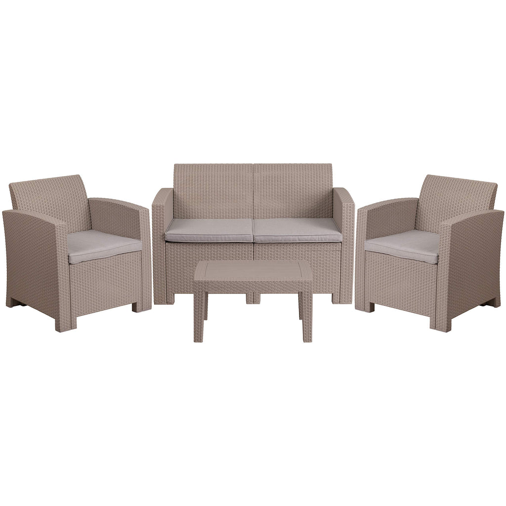 Flash Furniture Seneca 4 Piece Outdoor Faux Rattan Chair, Loveseat And Table Set In Seneca Light Gray