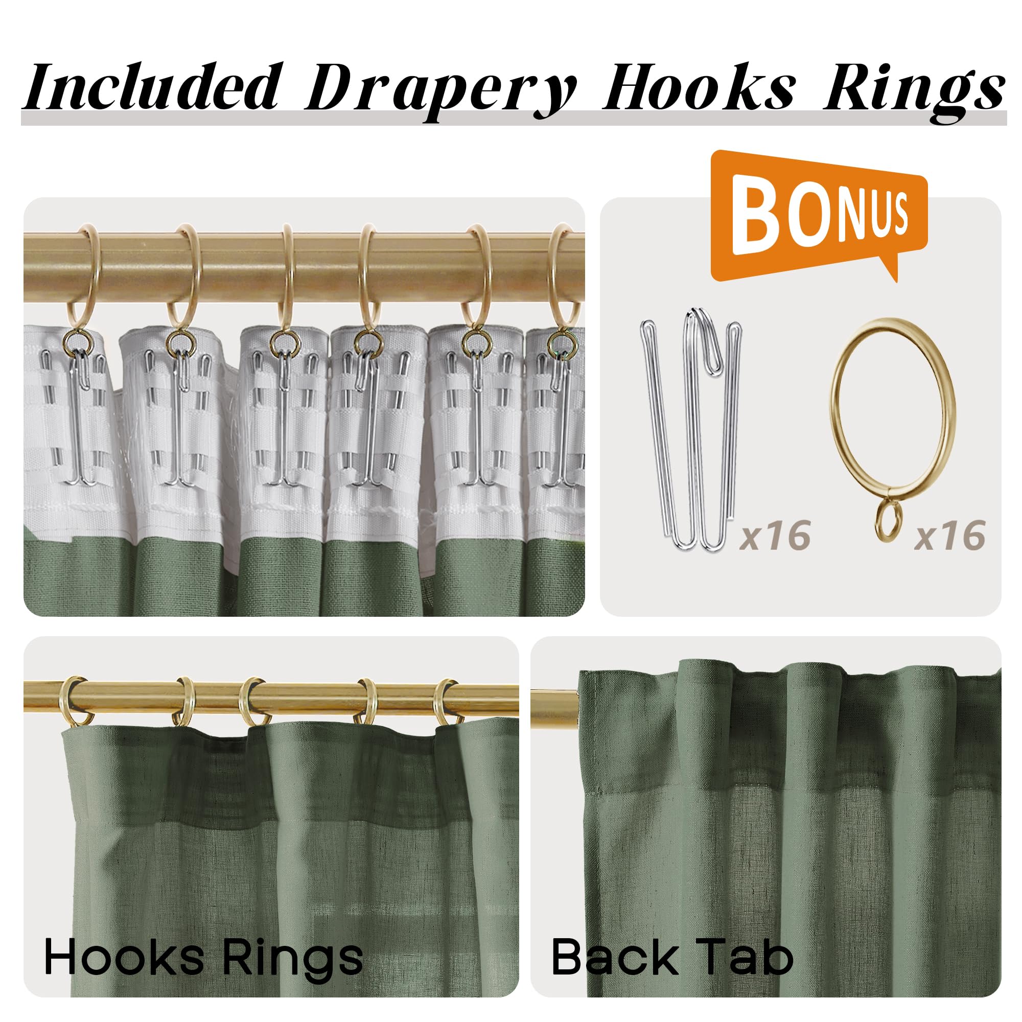 Shineland Dark Green Curtains 96 Inches Long 2 Panel Set For Office,Decorative Sheer Linen Earth Tone Moody Boho Curtains For Christmas Living Room Bedroom