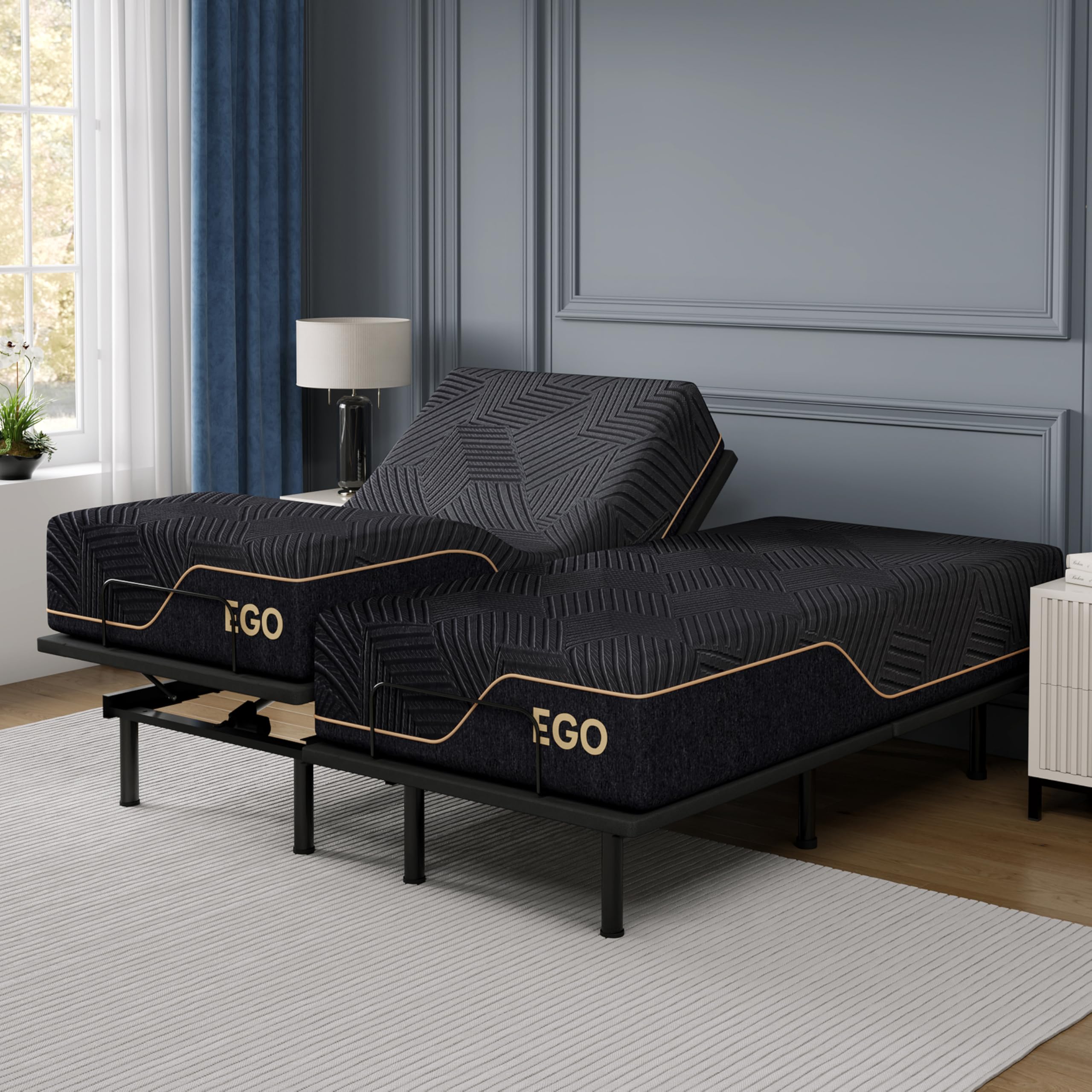 EGOHOME Split King Adjustable Bed Frame and 14 Inch Cooling Memory Foam Mattress, Wireless Remote Head and Foot Incline, 12 inch