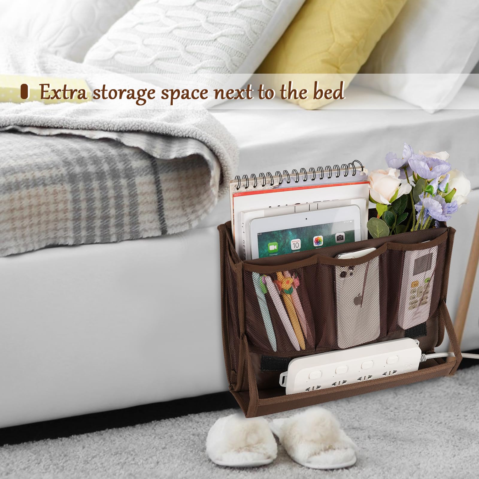 Retyion Bedside Storage Organizer With Power Strip Holder And Adjustable Straps Bed Hanging Bag For Home Bunk Bed Dorm Sofa (Bro