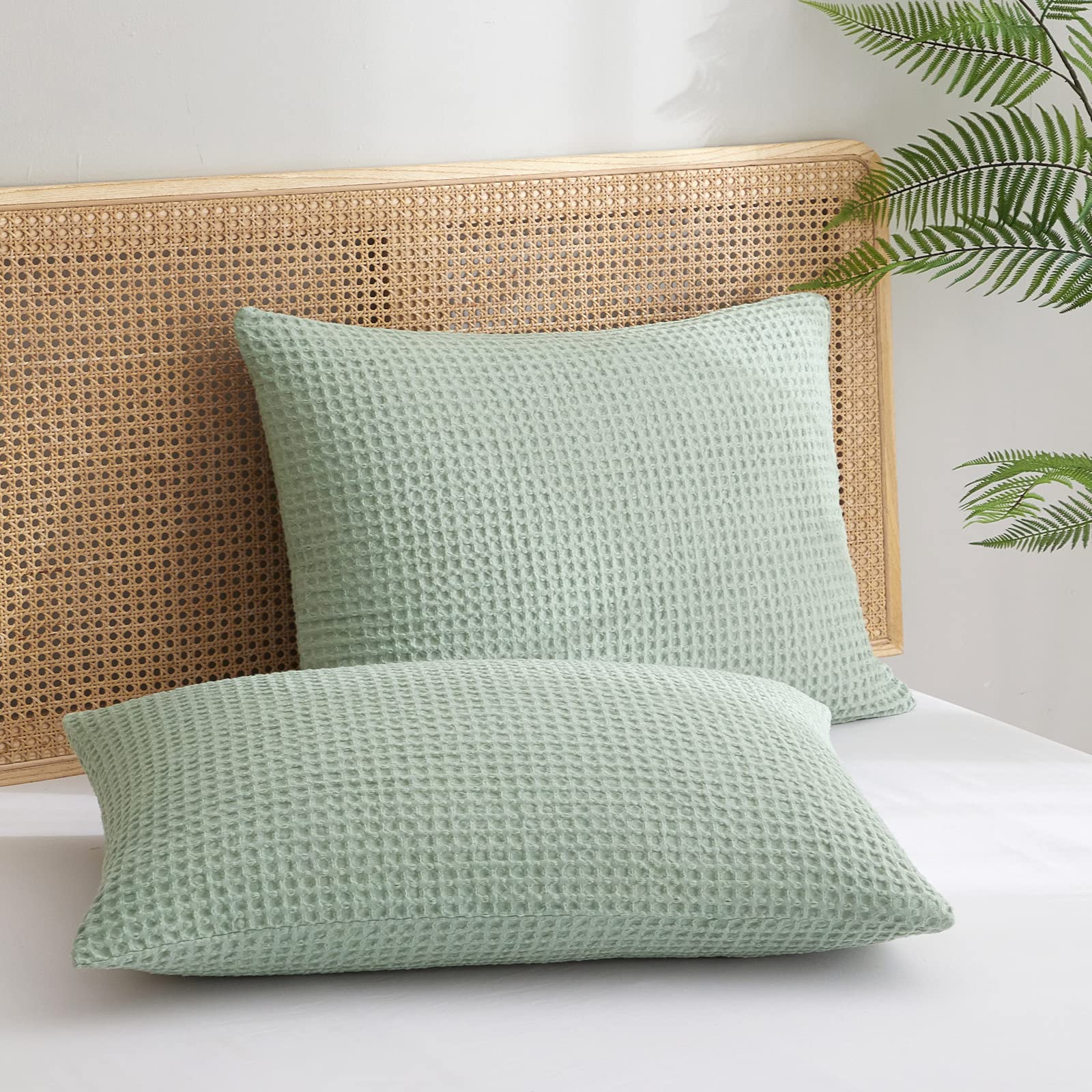 Phf Ultra Soft Waffle Weave Pillowcases King Size 20' X 36' 2 Pack, No Insert, Breathable Skin-Friendly Pillow Shams, Decorative Waffle Weave Pillow Case Covers, Sage Green