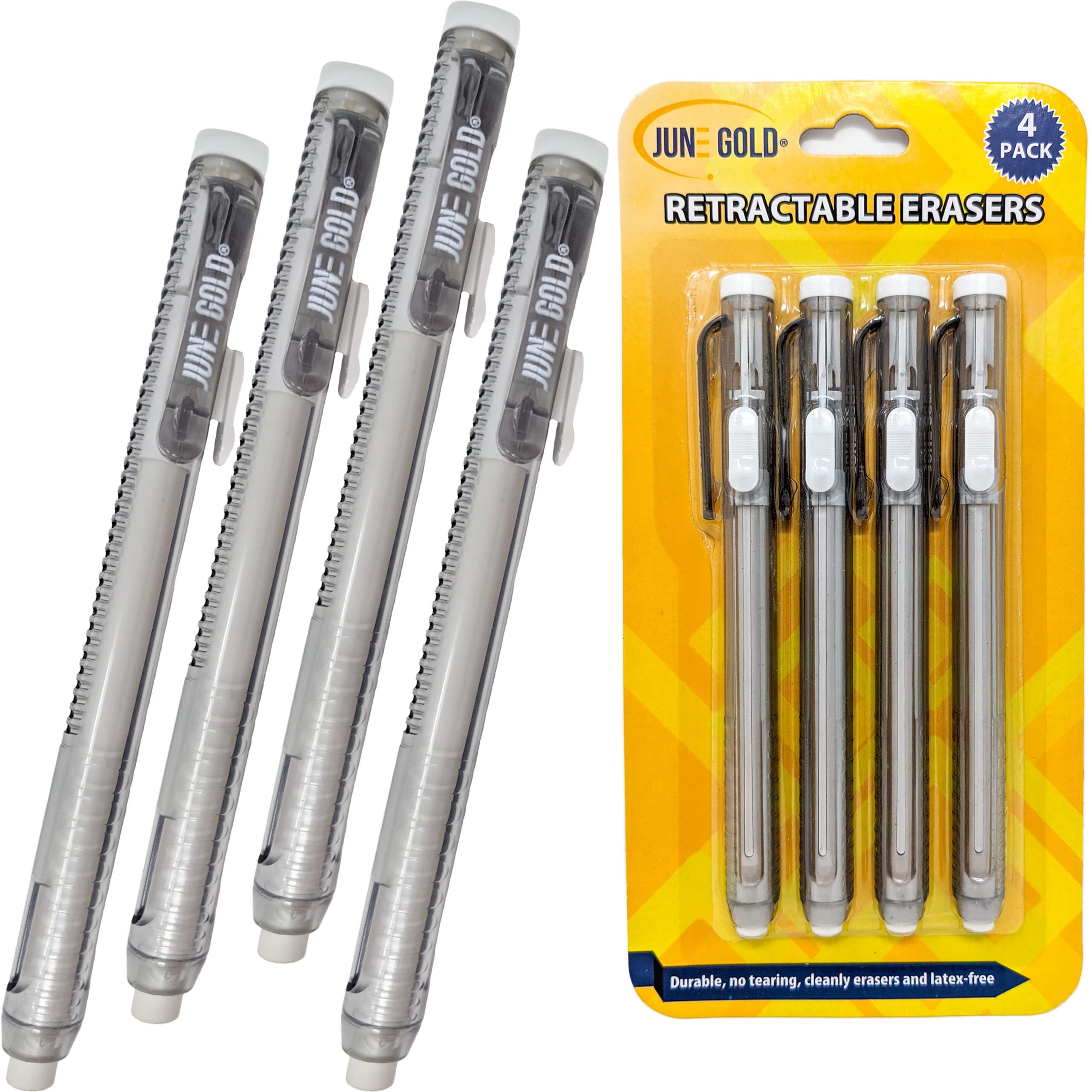 June Gold 4 Pack Of Retractable Mechanical Pen Erasers - Latex-Free, White Vinyl, & Precision Erasing