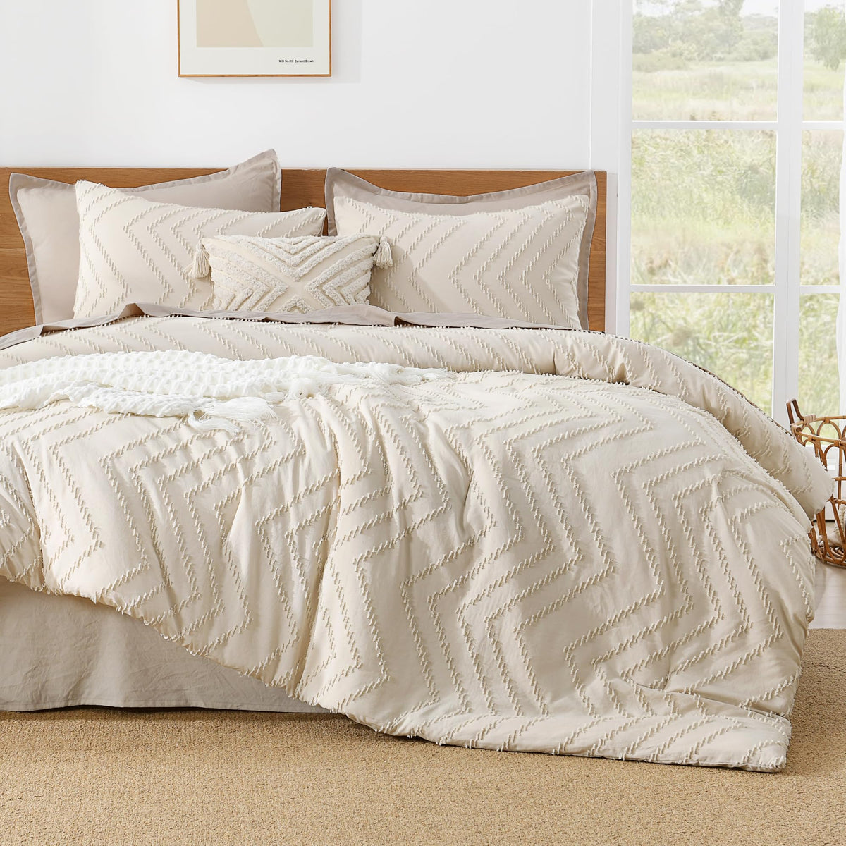 Litanika Comforter Oversized King Size Set Beige, 3 Pieces Chevron Tufted Quilt Bedding Comforter Sets, Fluffy Bed Set