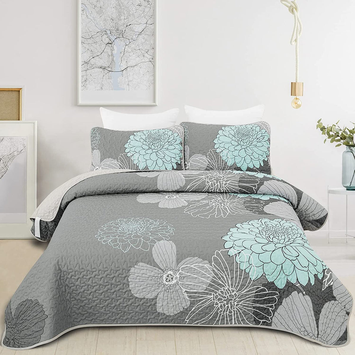 Yiran Grey Aqua Floral Quilt Set King Size Summer Botanical Bedspreads Bedding Set 3 Pieces Lightweight Flowers Printed Coverlet