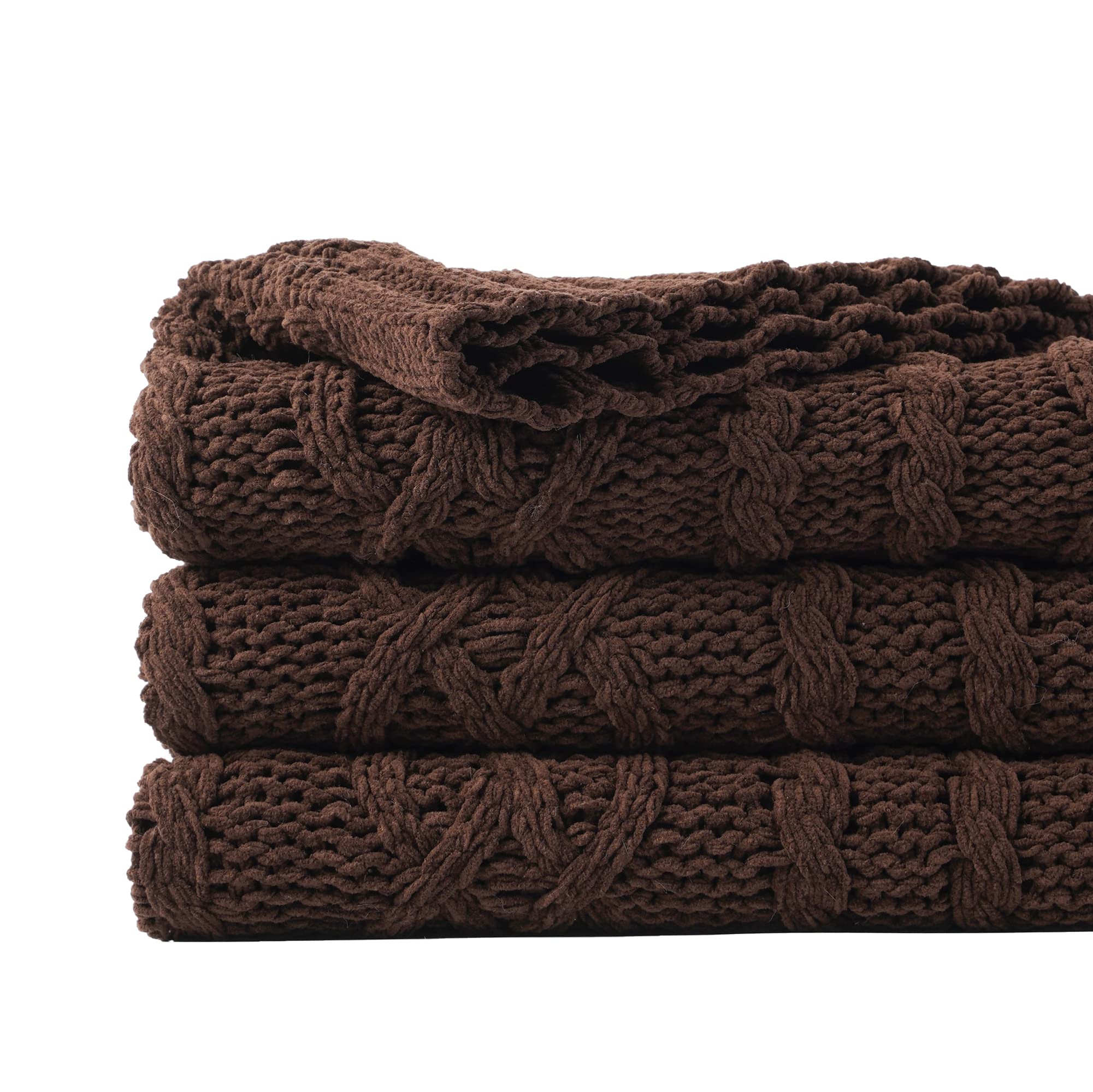 Battilo Dark Brown Throw Blanket for Couch, 51''x67'' Soft Chenille Knit Throw Blanket, Decorative Chocolate Brown Blanket for B