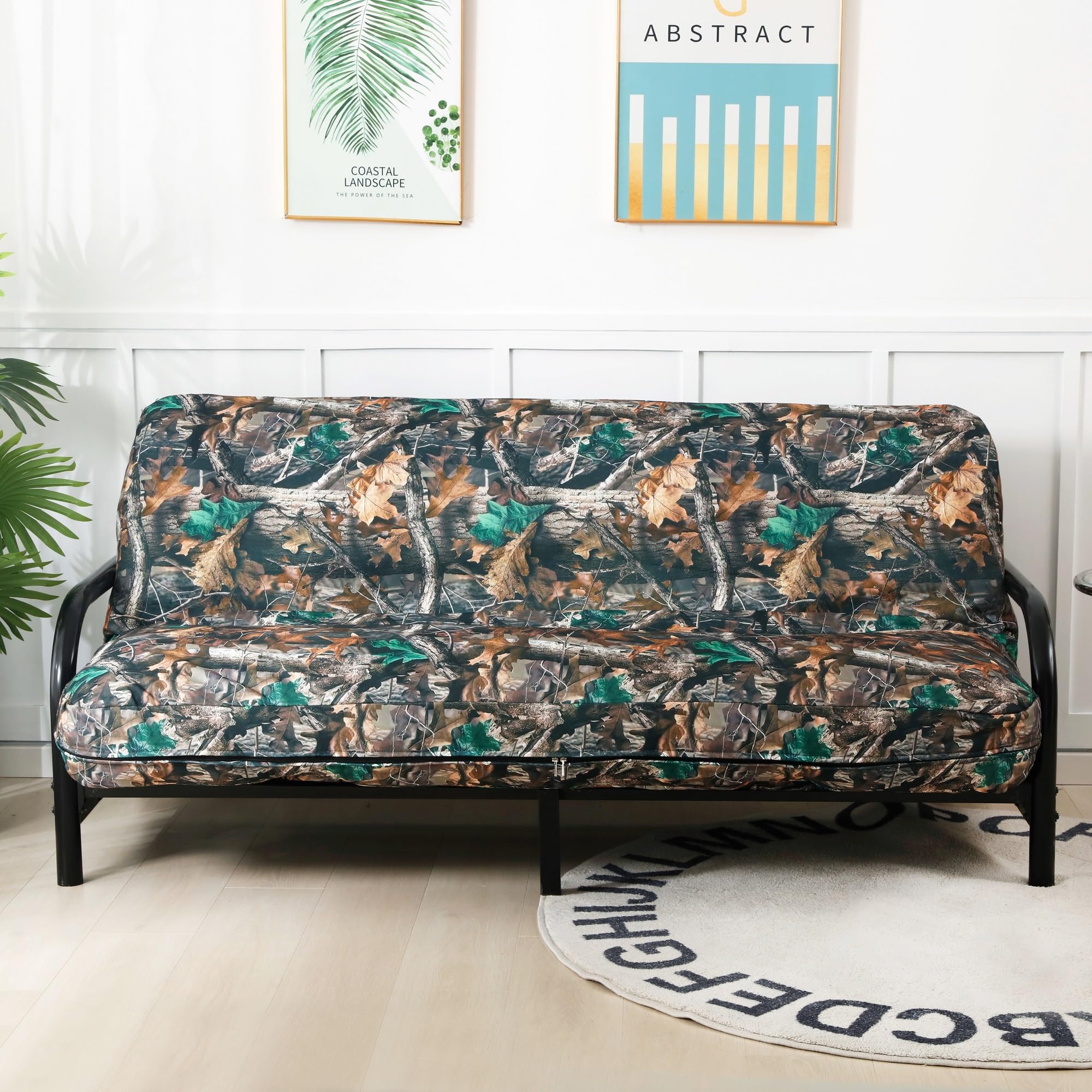 Octorose Full Size 3 Side Zipper Linen Camo Green Futon Cover Slipcover Sofa Day Bed Couch Mattress Cover Protector (Cover Only)
