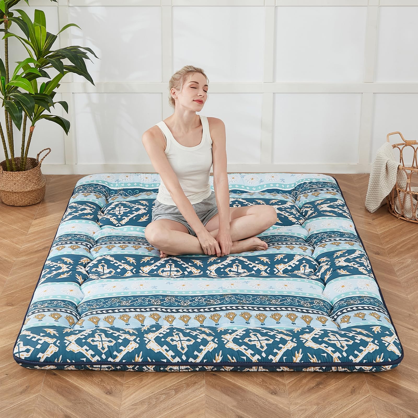 Zelladorra Japanese Floor Mattress, Futon Mattress with Storage Bag and Washable Cover, Roll Up Tatami Mat Suitable for Guest Ro