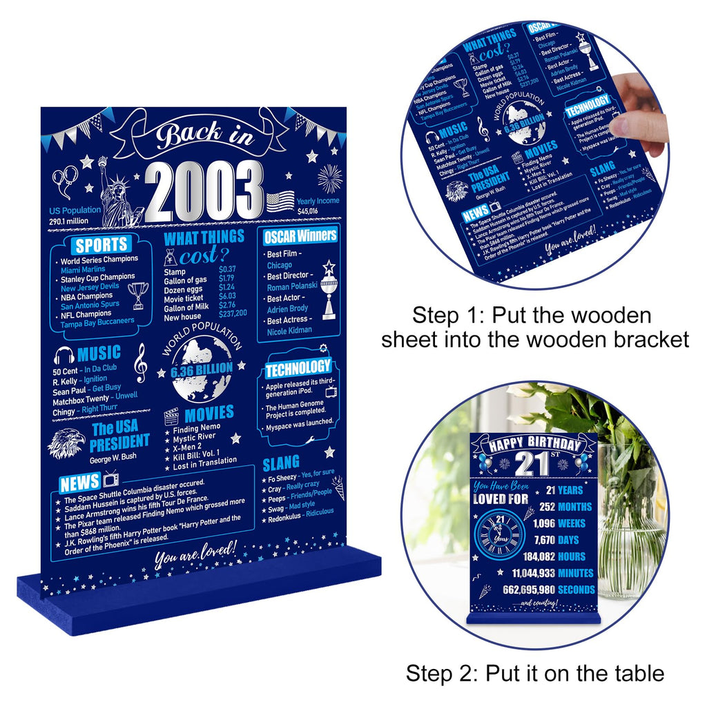 Eiurteao 21Th Birthday Decorations Back In 2003 Table Sign For Boys, Blue Silver 21 Birthday Two-Sided Wooden Table Poster With