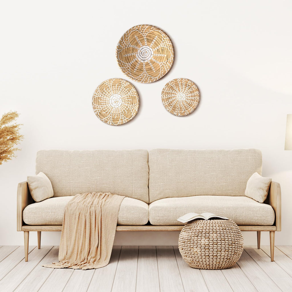 Boho Wall Basket Decor Set Of 3 Decorative Bulrush Woven Basket Wall Decor Set Rustic Hanging Handmade Round Woven Wall Decor Wi